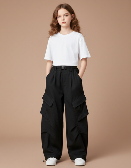 Pantalon Parachute Noir Ample Cargo Fille - Polyester