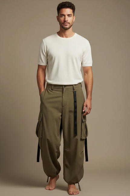 Pantalon Parachute Kaki Ample Streetwear Homme - Polyester