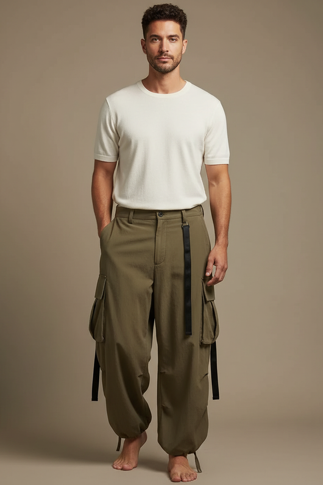 Pantalon Parachute Kaki Ample Streetwear Homme - Polyester