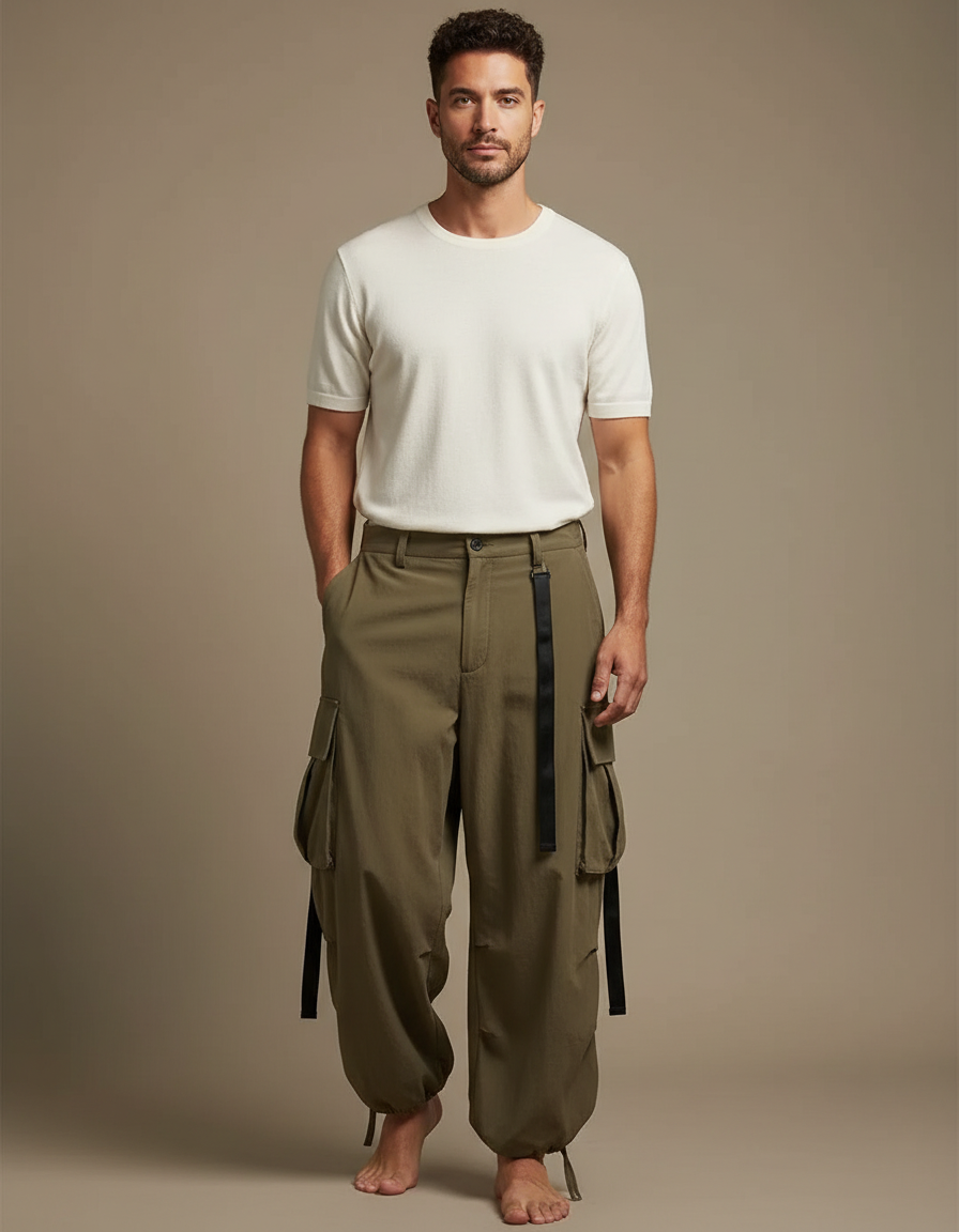 Pantalon Parachute Kaki Ample Streetwear Homme - Polyester