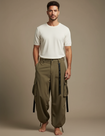 Pantalon Parachute Kaki Ample Streetwear Homme - Polyester