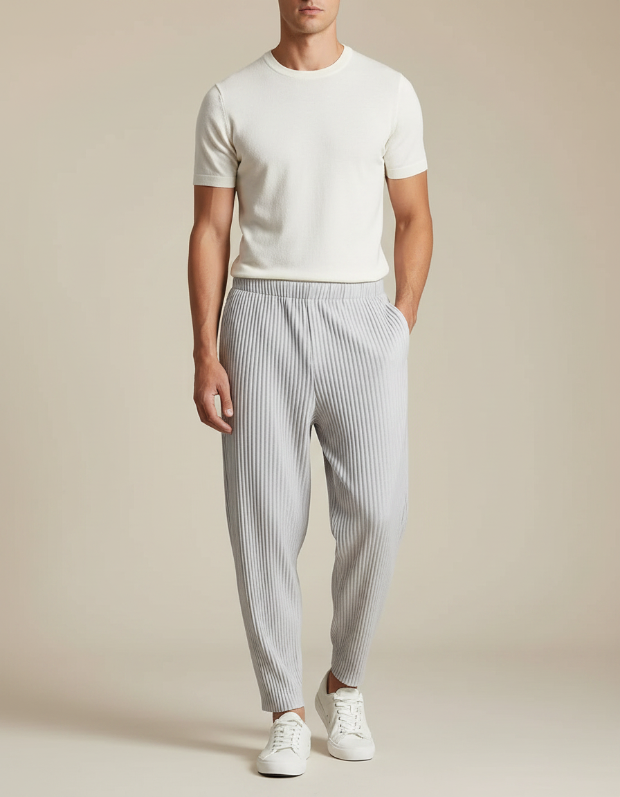 Pantalon Parachute Plissé Gris Ample Décontracté Homme - Polyester
