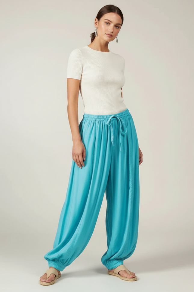 Pantalon Parachute Turquoise Fluide Ample Cordon Plissé - Bleu Viscose