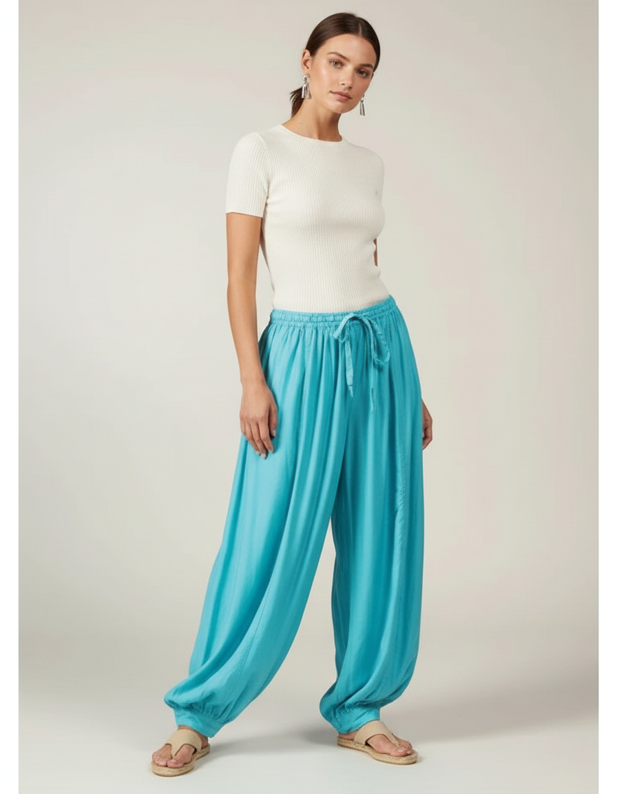 Pantalon Parachute Turquoise Fluide Ample Cordon Plissé - Bleu Viscose