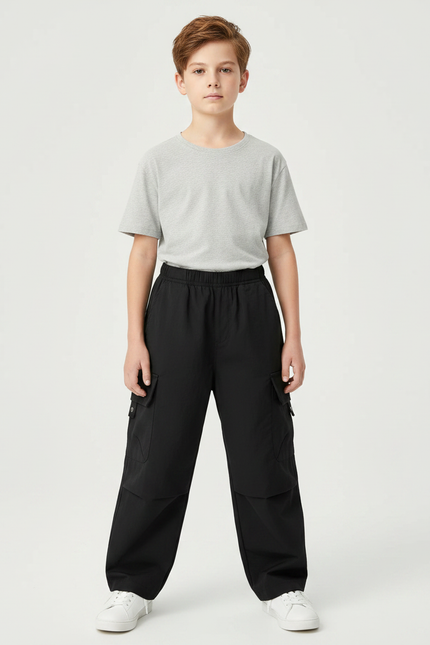 Pantalon Parachute Noir Cargo Ample Garçon - Polyester