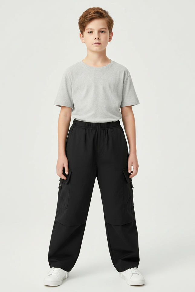 Pantalon Parachute Noir Cargo Ample Garçon - Polyester