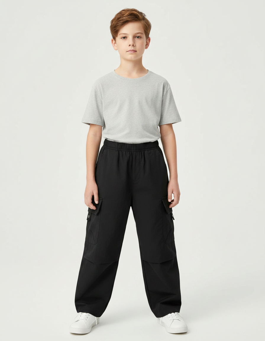 Pantalon Parachute Noir Cargo Ample Garçon - Polyester