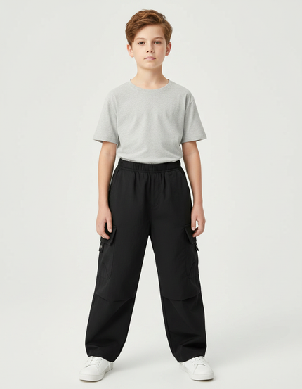 Pantalon Parachute Noir Cargo Ample Garçon - Polyester