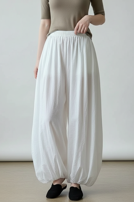 Pantalon Parachute Femme Blanc Resserré Aux Chevilles - Lin