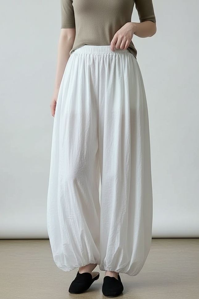 Pantalon Parachute Femme Blanc Resserré Aux Chevilles - Lin