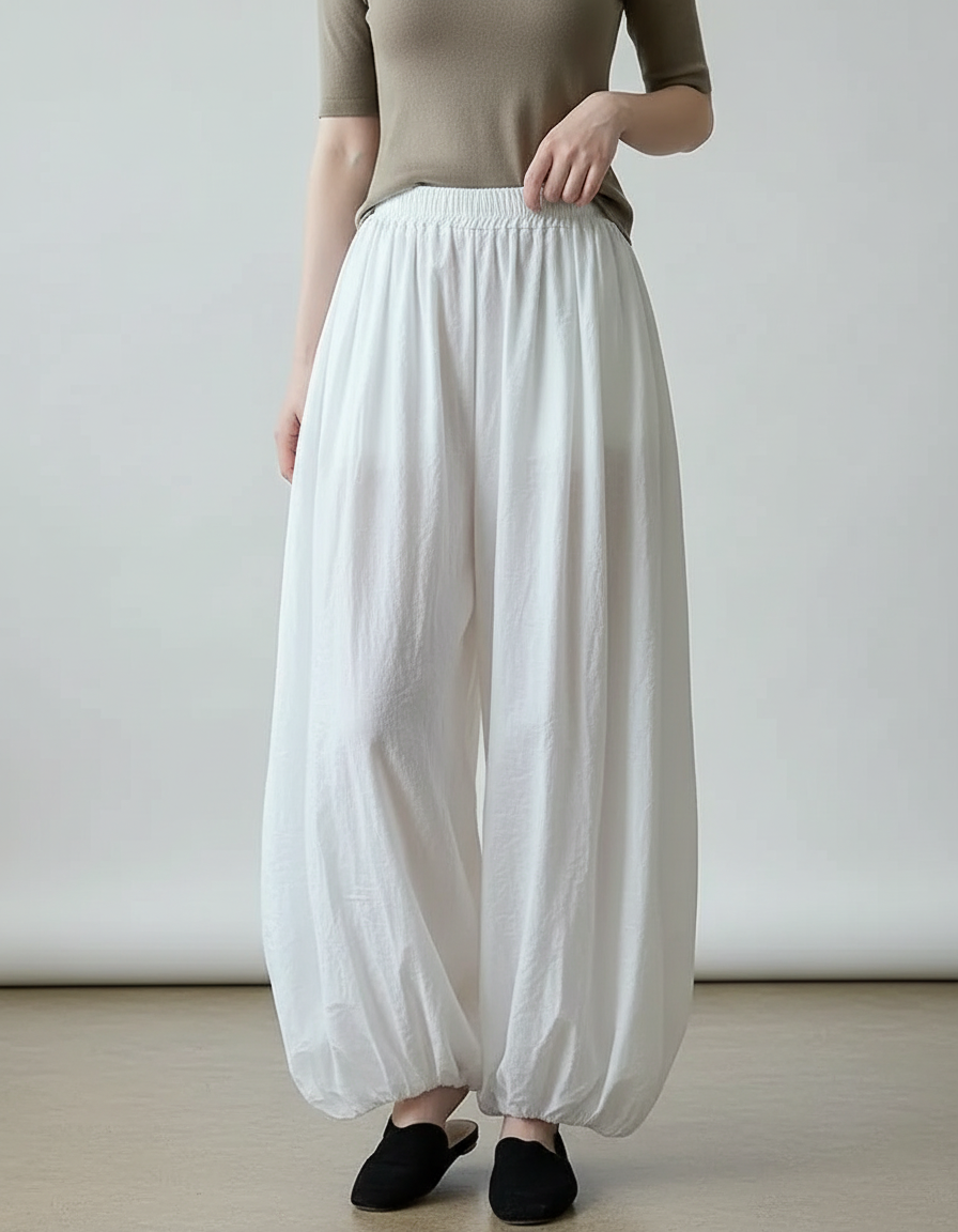 Pantalon Parachute Femme Blanc Resserré Aux Chevilles - Lin