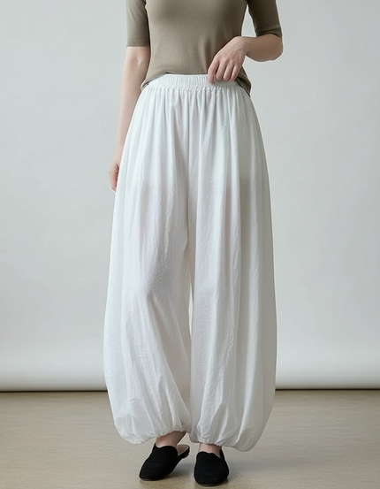 Pantalon Parachute Femme Blanc Resserré Aux Chevilles - Lin