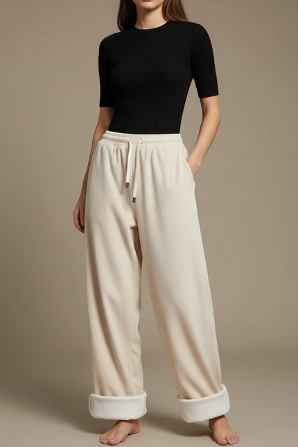 Pantalon Parachute Crème Côtelé Doublé Polaire Ample - Beige Cordé