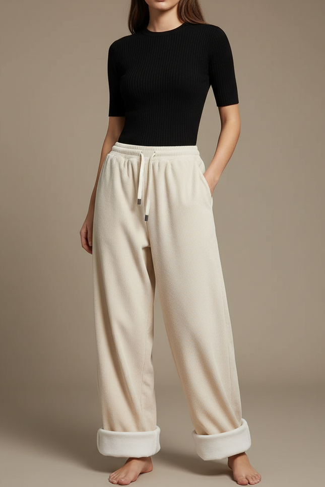 Pantalon Parachute Crème Côtelé Doublé Polaire Ample - Beige Cordé