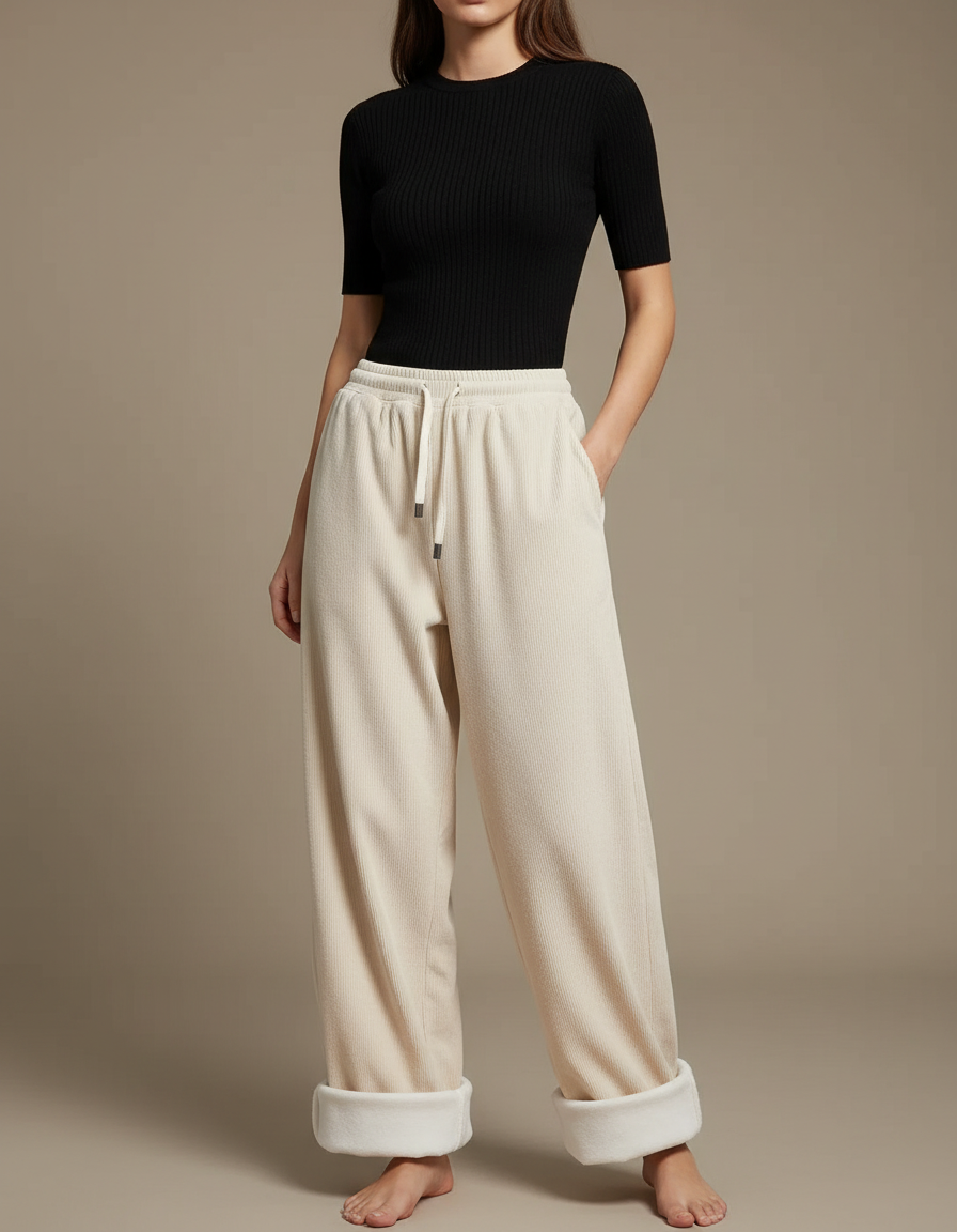 Pantalon Parachute Crème Côtelé Doublé Polaire Ample - Beige Cordé