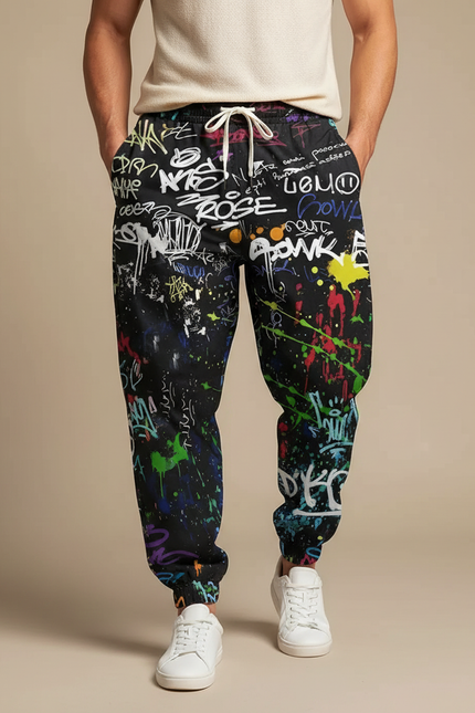 Pantalon Parachute Noir Graffiti Ample Streetwear Homme - Molleton
