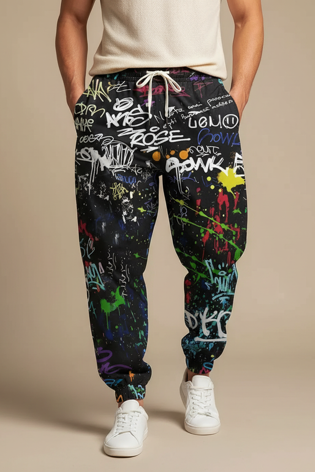 Pantalon Parachute Noir Graffiti Ample Streetwear Homme - Molleton