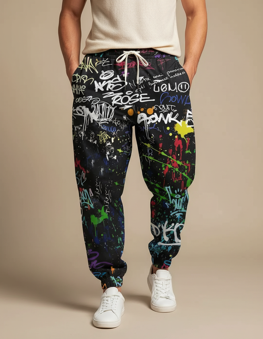 Pantalon Parachute Noir Graffiti Ample Streetwear Homme - Molleton