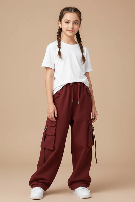 Pantalon Parachute Bordeaux Cargo Ample Décontracté Enfant - Molleton