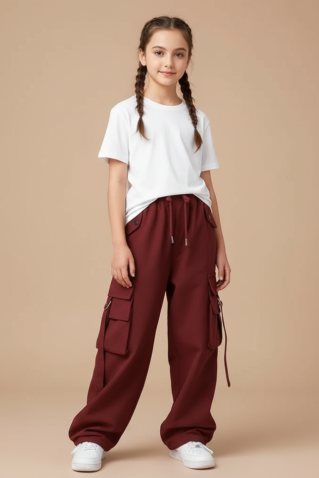 Pantalon Parachute Bordeaux Cargo Ample Décontracté Enfant - Molleton