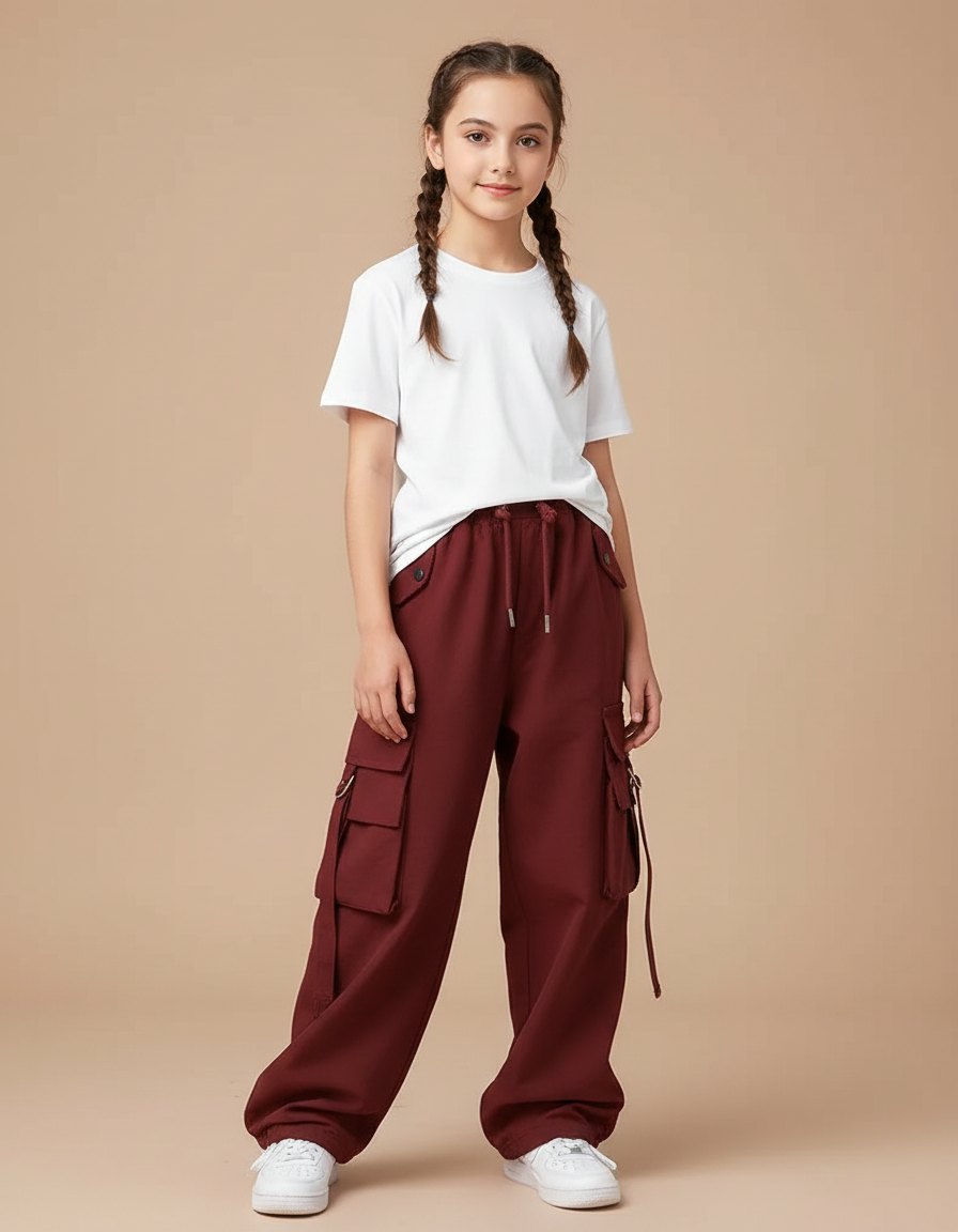 Pantalon Parachute Bordeaux Cargo Ample Décontracté Enfant - Molleton