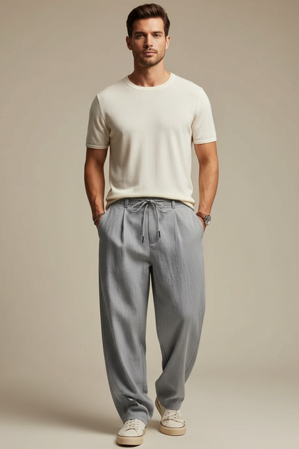 Pantalon Parachute Gris Clair Fluide Décontracté Homme - Lin