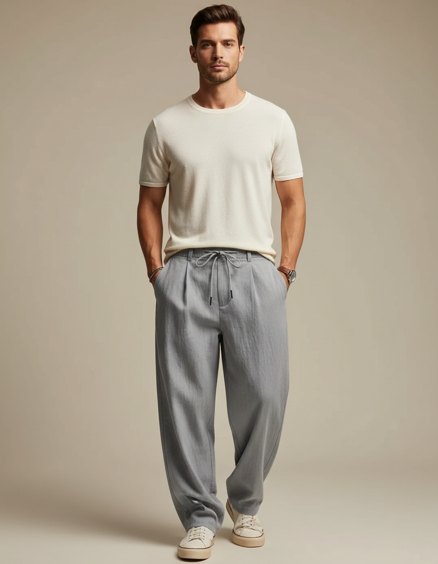 Pantalon Parachute Gris Clair Fluide Décontracté Homme - Lin