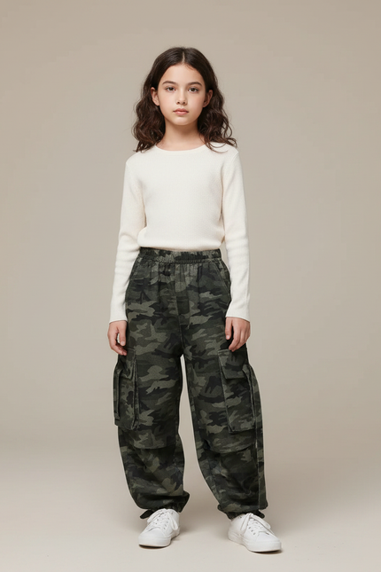 Pantalon Parachute Camouflage Cargo Ample Enfant - Vert Toile