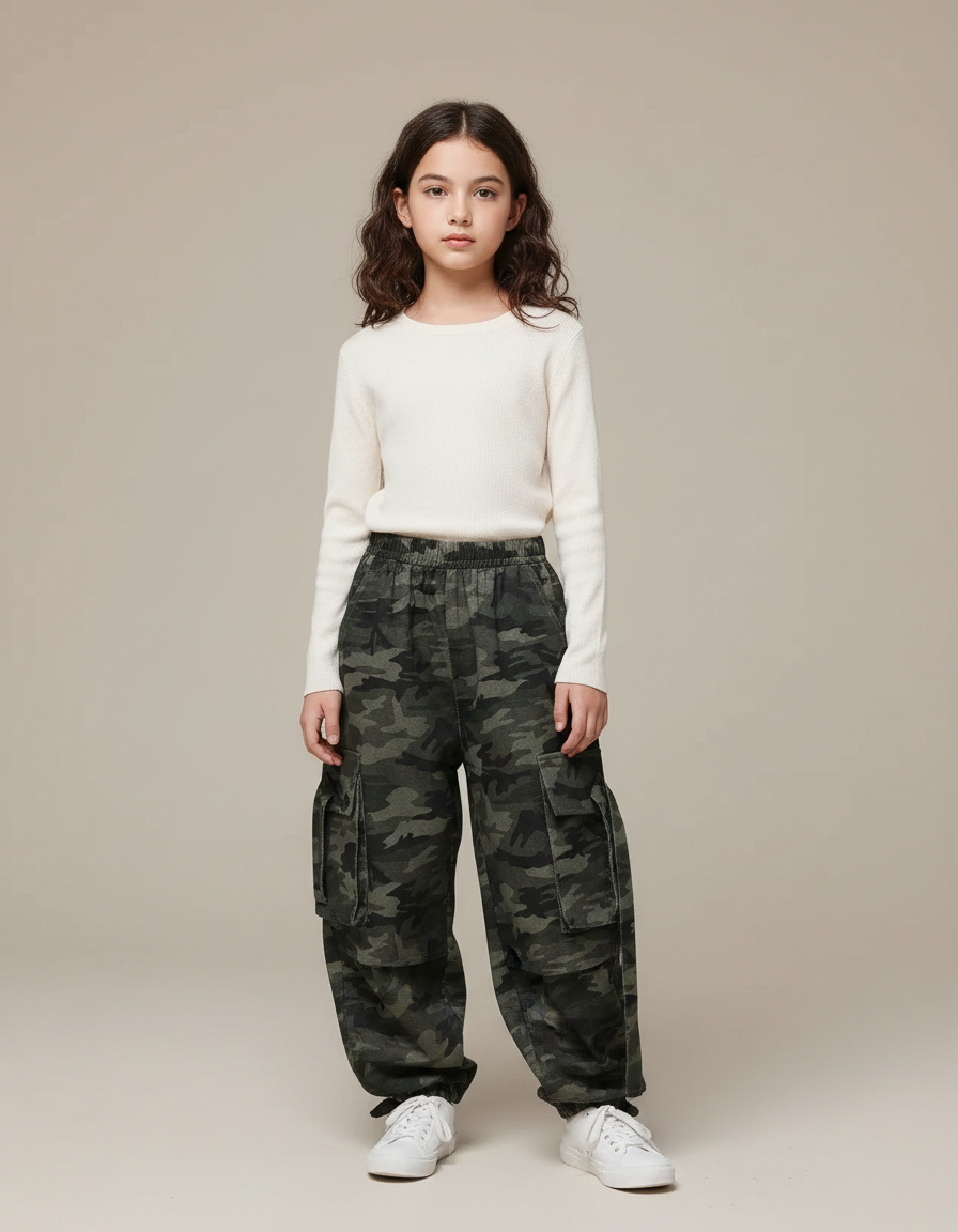 Pantalon Parachute Camouflage Cargo Ample Enfant - Vert Toile