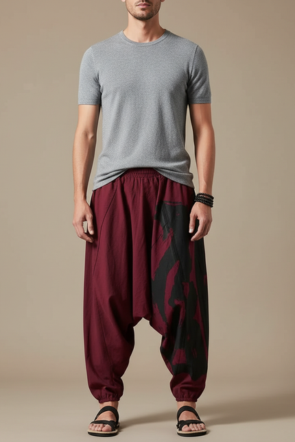 Pantalon Parachute Bordeaux Ample Coton Lin Imprimé