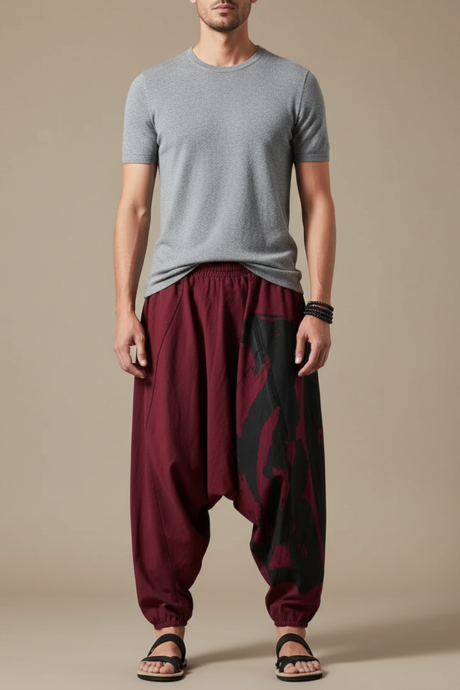 Pantalon Parachute Bordeaux Ample Coton Lin Imprimé