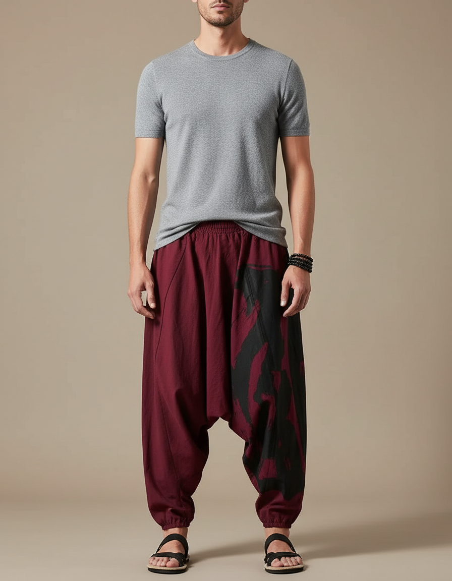 Pantalon Parachute Bordeaux Ample Coton Lin Imprimé