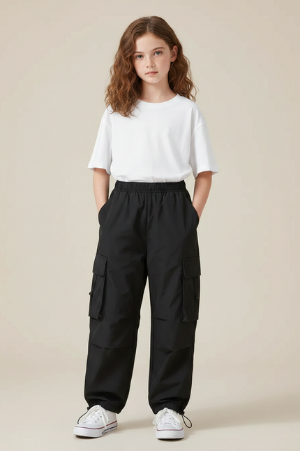 Pantalon Parachute Noir Cargo Ample Enfants Unisexe - Polyester