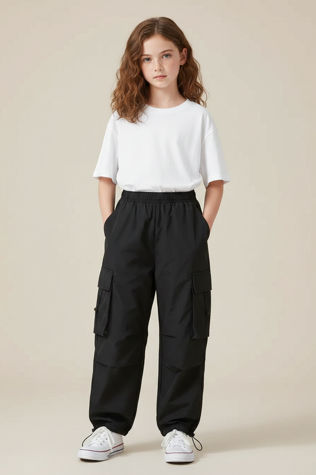 Pantalon Parachute Noir Cargo Ample Enfants Unisexe - Polyester