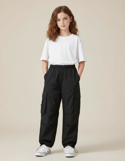Pantalon Parachute Noir Cargo Ample Enfants Unisexe - Polyester