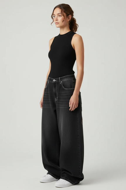 Pantalon Parachute Noir Ample Denim Décontracté Femme - Jean