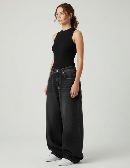 Pantalon Parachute Noir Ample Denim Décontracté Femme - Jean