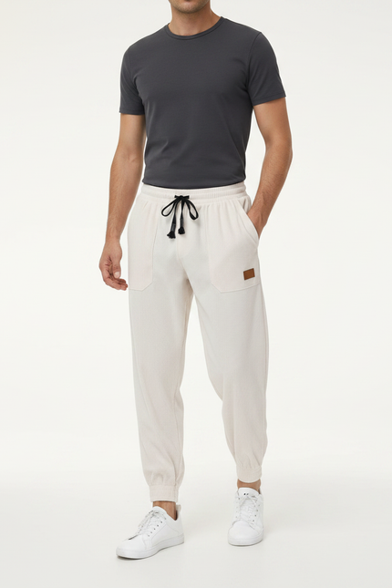 Pantalon Parachute Côtelé Beige Ample Décontracté Homme - Cordé