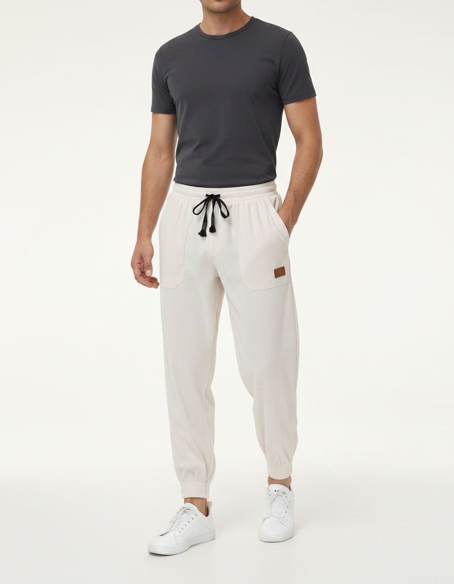 Pantalon Parachute Côtelé Beige Ample Décontracté Homme - Cordé