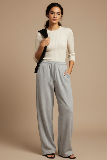 Pantalon Parachute Gris Ample Droit Molletonné Confortable