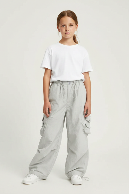 Pantalon Parachute Gris Ample Nylon Cargo Enfant - Polyester