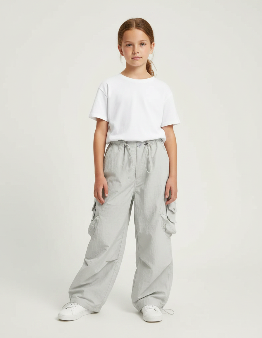 Pantalon Parachute Gris Ample Nylon Cargo Enfant - Polyester