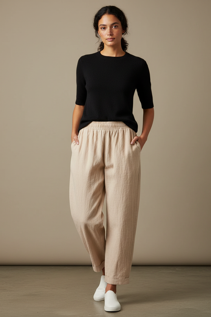 Pantalon Parachute Lin Beige Ample Décontracté Chic