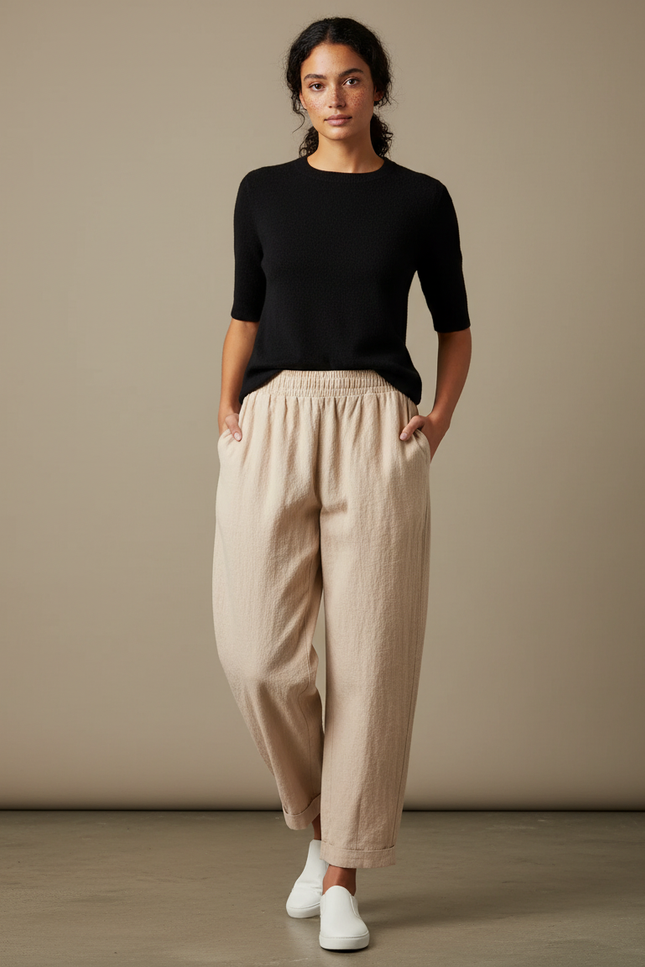 Pantalon Parachute Lin Beige Ample Décontracté Chic