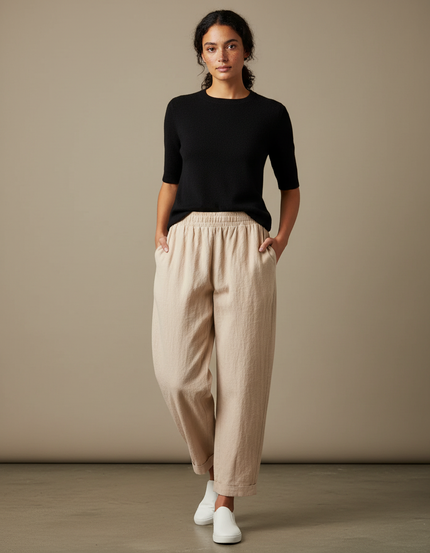 Pantalon Parachute Lin Beige Ample Décontracté Chic
