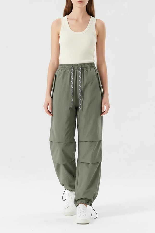 Pantalon Parachute Kaki Ample Léger Sportif Femme - Polyester