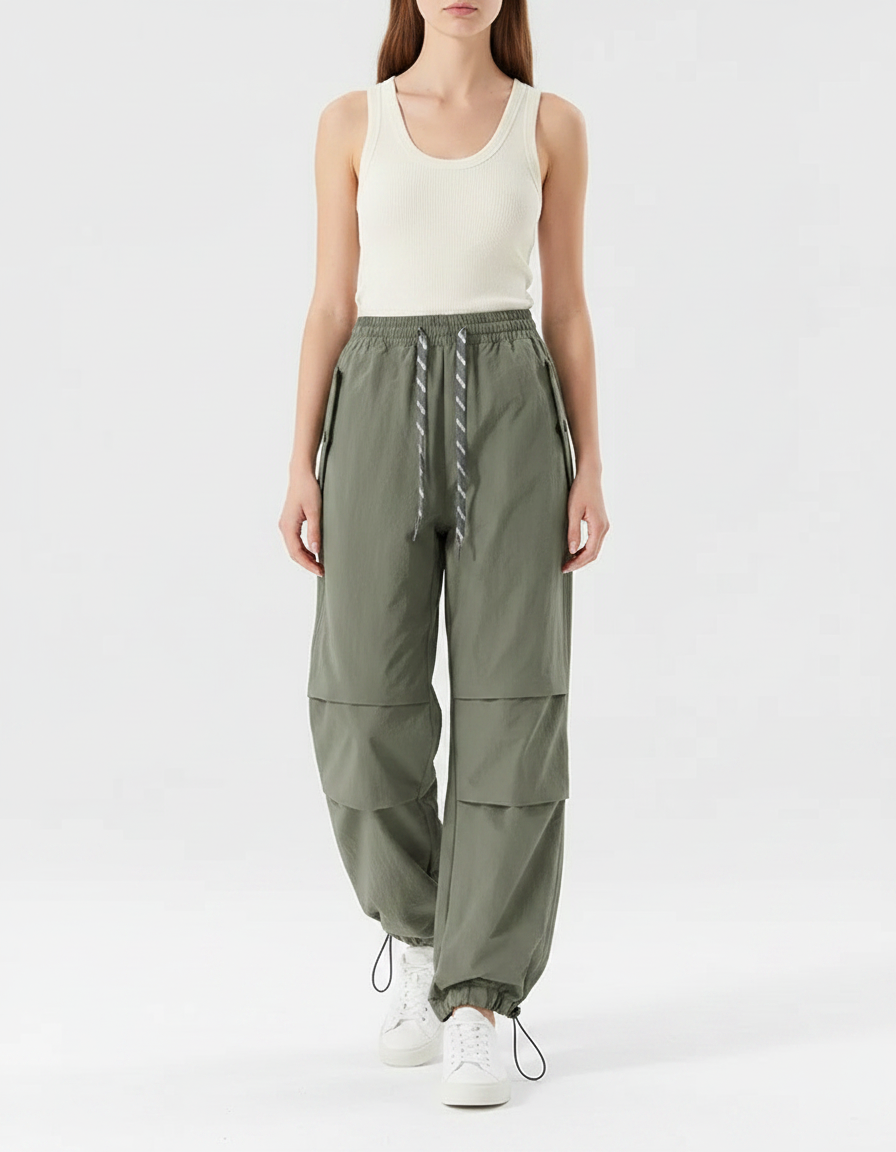 Pantalon Parachute Kaki Ample Léger Sportif Femme - Polyester