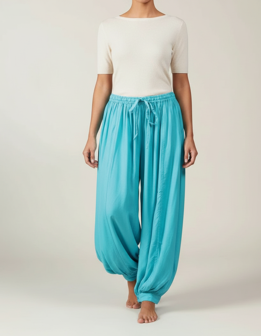 Pantalon Parachute Bleu Ample Fluide Cordon Femme - Viscose