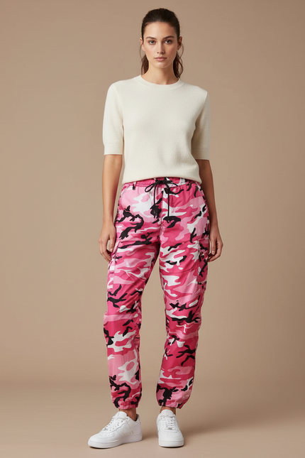 Pantalon Parachute Rose Camouflage Cargo Ample Femme Moderne - Polyester