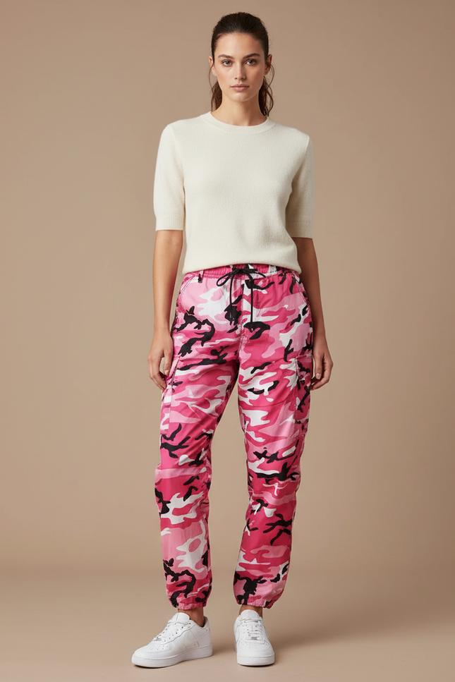 Pantalon Parachute Rose Camouflage Cargo Ample Femme Moderne - Polyester